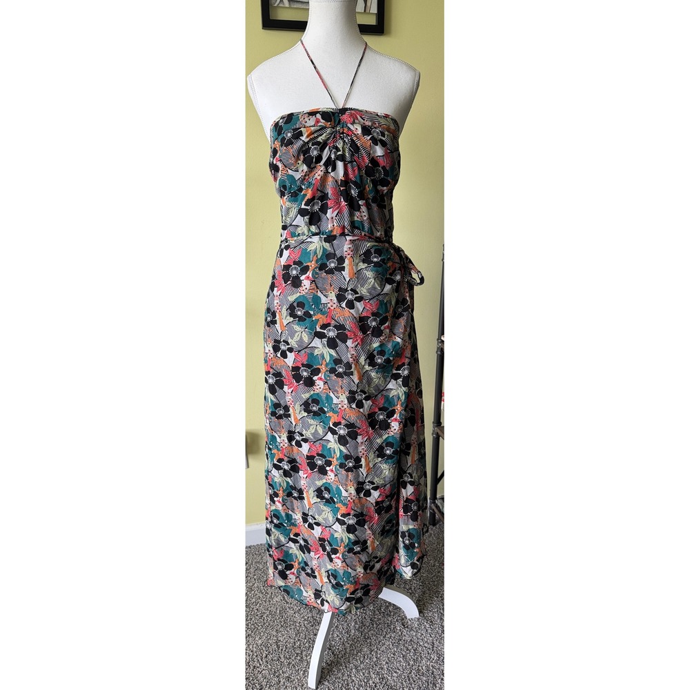 Anna Sui Floral Bird Print Cotton Silk Halter Wrap Maxi Dress Multicolored Sz 12